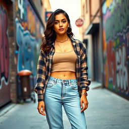 A 30-year-old Hispanic woman dressed in iconic 1990s fashion, showcasing a trendy look with high-waisted mom jeans, a cropped flannel shirt over a fitted tank top, and classic platform sneakers