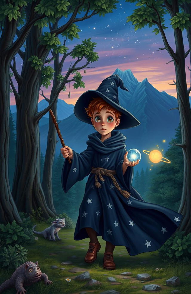 A young wizard, dressed in a flowing dark blue robe adorned with silver stars, wand in hand, on an adventurous journey through an enchanted forest