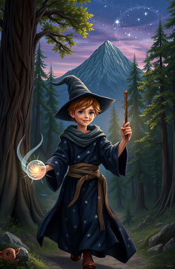 A young wizard, dressed in a flowing dark blue robe adorned with silver stars, wand in hand, on an adventurous journey through an enchanted forest