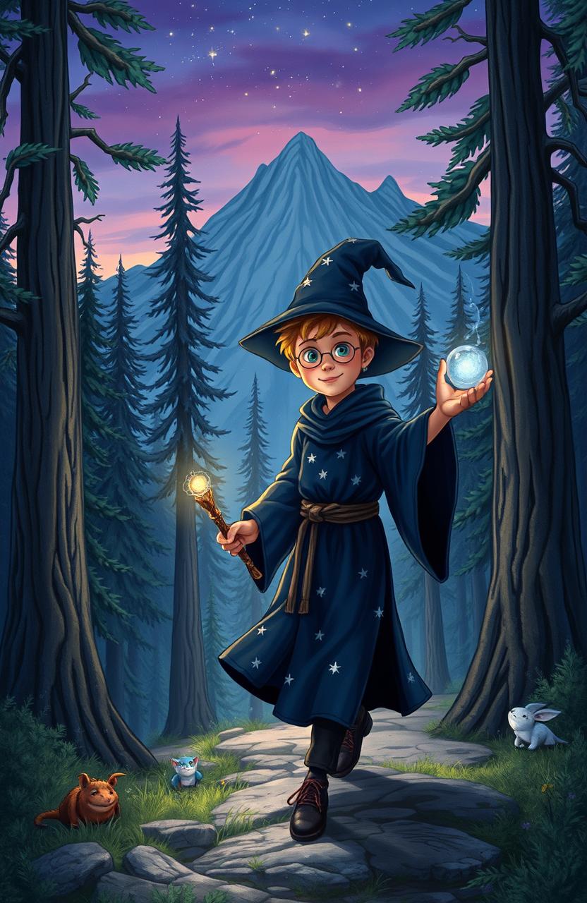 A young wizard, dressed in a flowing dark blue robe adorned with silver stars, wand in hand, on an adventurous journey through an enchanted forest