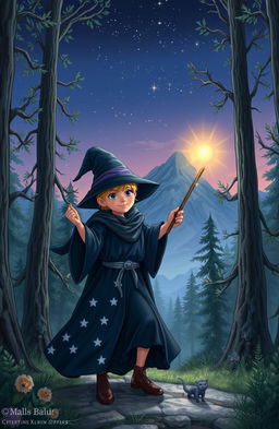 A young wizard, dressed in a flowing dark blue robe adorned with silver stars, wand in hand, on an adventurous journey through an enchanted forest