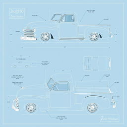 A detailed blueprint design showing the transformation of a classic 1950 Chevrolet Deluxe car into a pickup truck