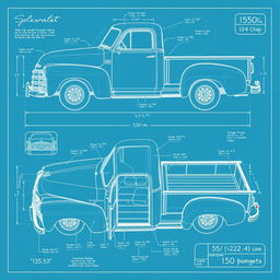 A detailed blueprint design showing the transformation of a classic 1950 Chevrolet Deluxe car into a pickup truck