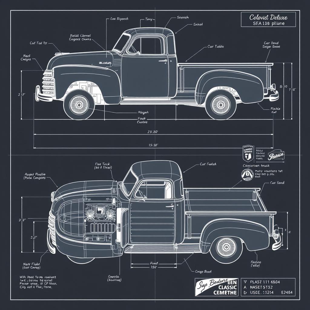 A detailed blueprint design showing the transformation of a classic 1950 Chevrolet Deluxe car into a pickup truck