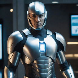 A futuristic hero boasting high-tech gadgetry. On his chest is an integrated television screen, its light casting an artistic glow on his metallic armor, producing an image of a truly innovative protector.