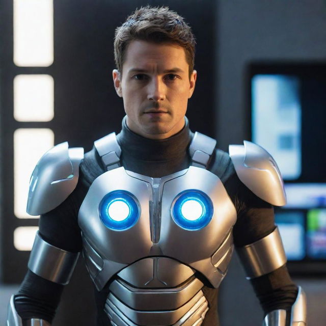 A futuristic hero boasting high-tech gadgetry. On his chest is an integrated television screen, its light casting an artistic glow on his metallic armor, producing an image of a truly innovative protector.