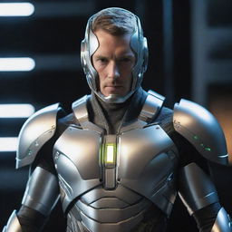 A futuristic hero boasting high-tech gadgetry. On his chest is an integrated television screen, its light casting an artistic glow on his metallic armor, producing an image of a truly innovative protector.