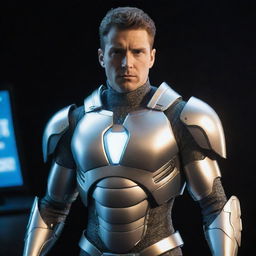 A futuristic hero boasting high-tech gadgetry. On his chest is an integrated television screen, its light casting an artistic glow on his metallic armor, producing an image of a truly innovative protector.