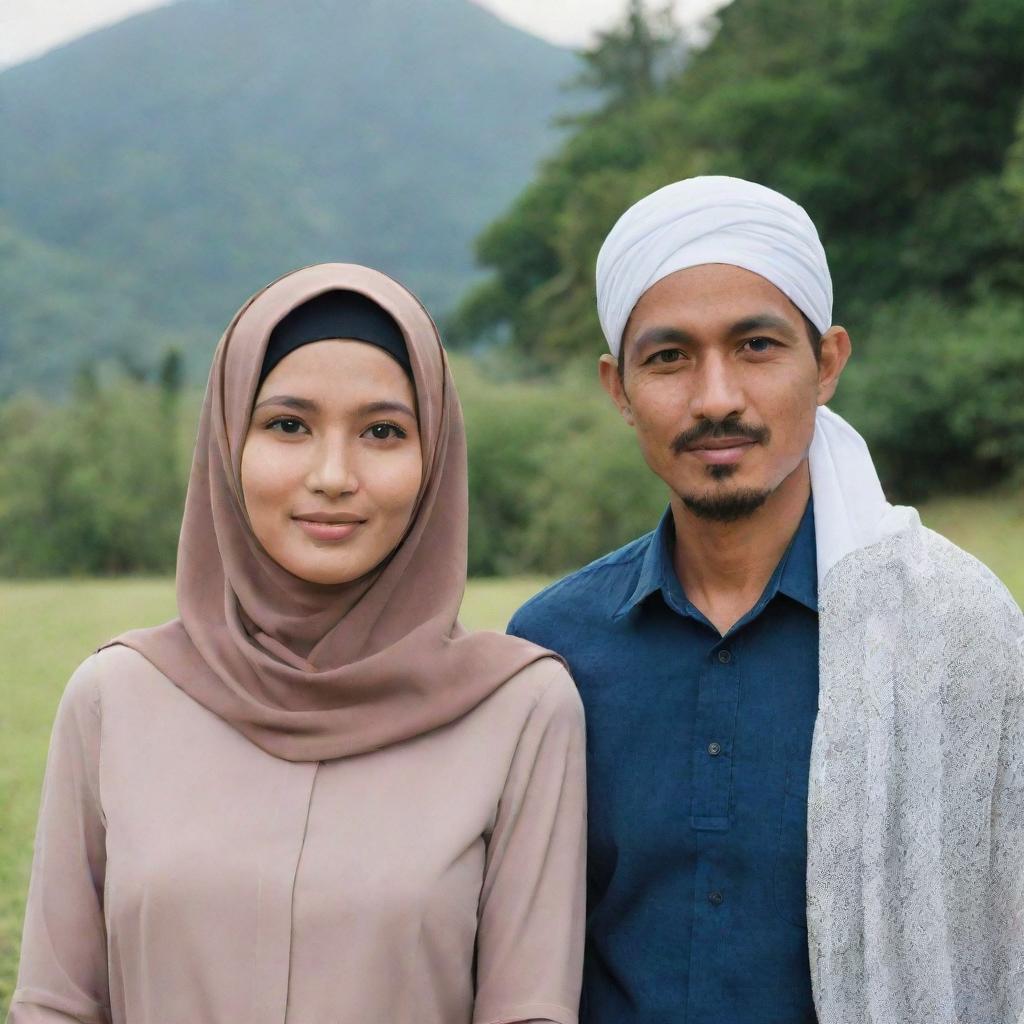 A slim Indonesian man, 35 years old, with a thin white mustache, standing alongside a beautiful woman in a hijab. They're both dressed in casual couple's attire, against a natural backdrop.