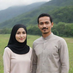 A slim Indonesian man, 35 years old, with a thin white mustache, standing alongside a beautiful woman in a hijab. They're both dressed in casual couple's attire, against a natural backdrop.