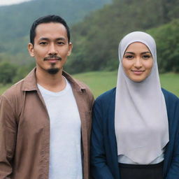 A slim Indonesian man, 35 years old, with a thin white mustache, standing alongside a beautiful woman in a hijab. They're both dressed in casual couple's attire, against a natural backdrop.