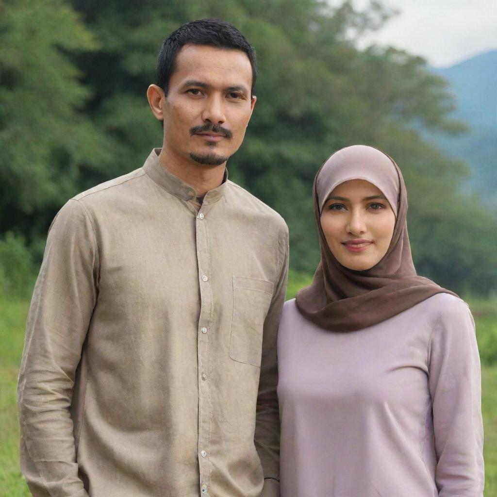 A slim Indonesian man, 35 years old, with a thin white mustache, standing alongside a beautiful woman in a hijab. They're both dressed in casual couple's attire, against a natural backdrop.