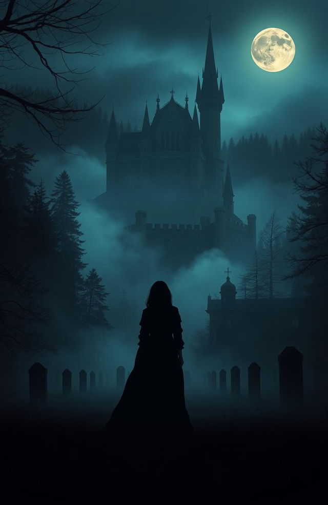 A mysterious castle surrounded by a dense forest and an old cemetery, with the sun setting and the moon rising, shrouded in mist