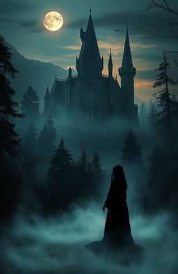 A mysterious castle surrounded by a dense forest and an old cemetery, with the sun setting and the moon rising, shrouded in mist