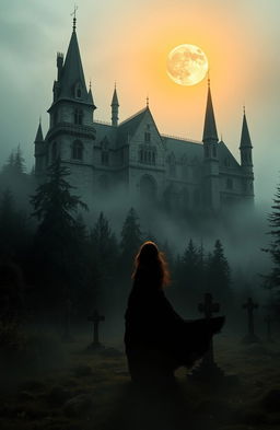 A mysterious castle surrounded by a dense forest and an old cemetery, with the sun setting and the moon rising, shrouded in mist
