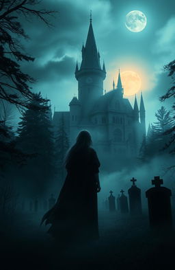 A mysterious castle surrounded by a dense forest and an old cemetery, with the sun setting and the moon rising, shrouded in mist