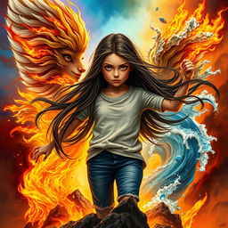 A captivating book cover featuring an 18-year-old girl with long dark brown hair flowing dramatically around her, showcasing her captivating brown eyes filled with determination