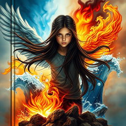 A captivating book cover featuring an 18-year-old girl with long dark brown hair flowing dramatically around her, showcasing her captivating brown eyes filled with determination