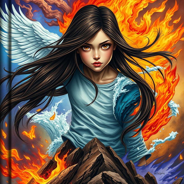 A captivating book cover featuring an 18-year-old girl with long dark brown hair flowing dramatically around her, showcasing her captivating brown eyes filled with determination