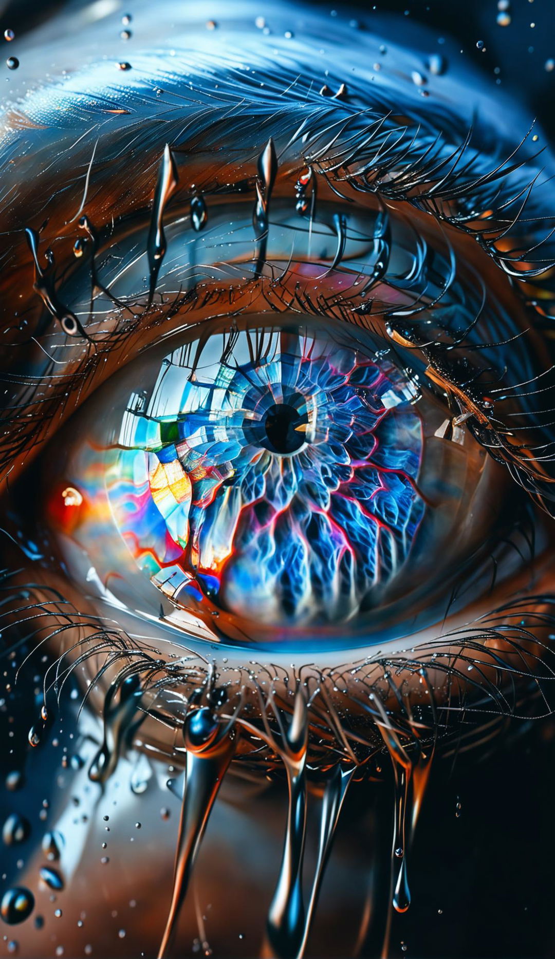 Hyper-realistic close-up of an eye with an opal crystal iris, iridescent colors, anatomical detail, and water droplets on eyelashes.