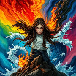 A captivating book cover featuring an 18-year-old girl with long dark brown hair flowing dramatically around her, showcasing her captivating brown eyes filled with determination