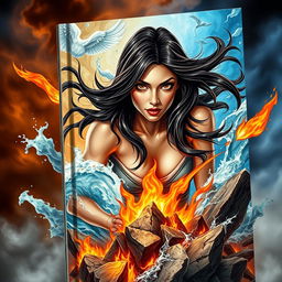 An eye-catching book cover depicting an adult woman with long dark brown hair cascading freely around her shoulders and striking brown eyes that convey determination