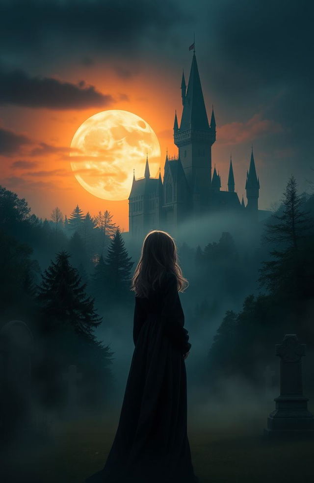 A mysterious castle surrounded by a misty forest and a graveyard, contrasting the sun and the moon in the sky