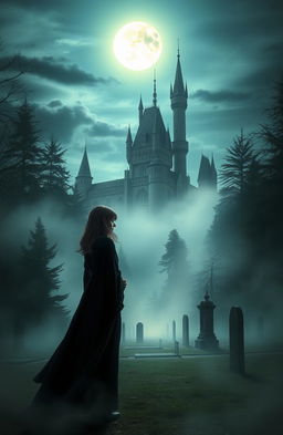 A mysterious castle surrounded by a misty forest and a graveyard, contrasting the sun and the moon in the sky