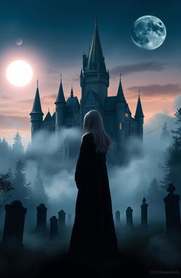 A mysterious castle surrounded by a misty forest and a graveyard, contrasting the sun and the moon in the sky