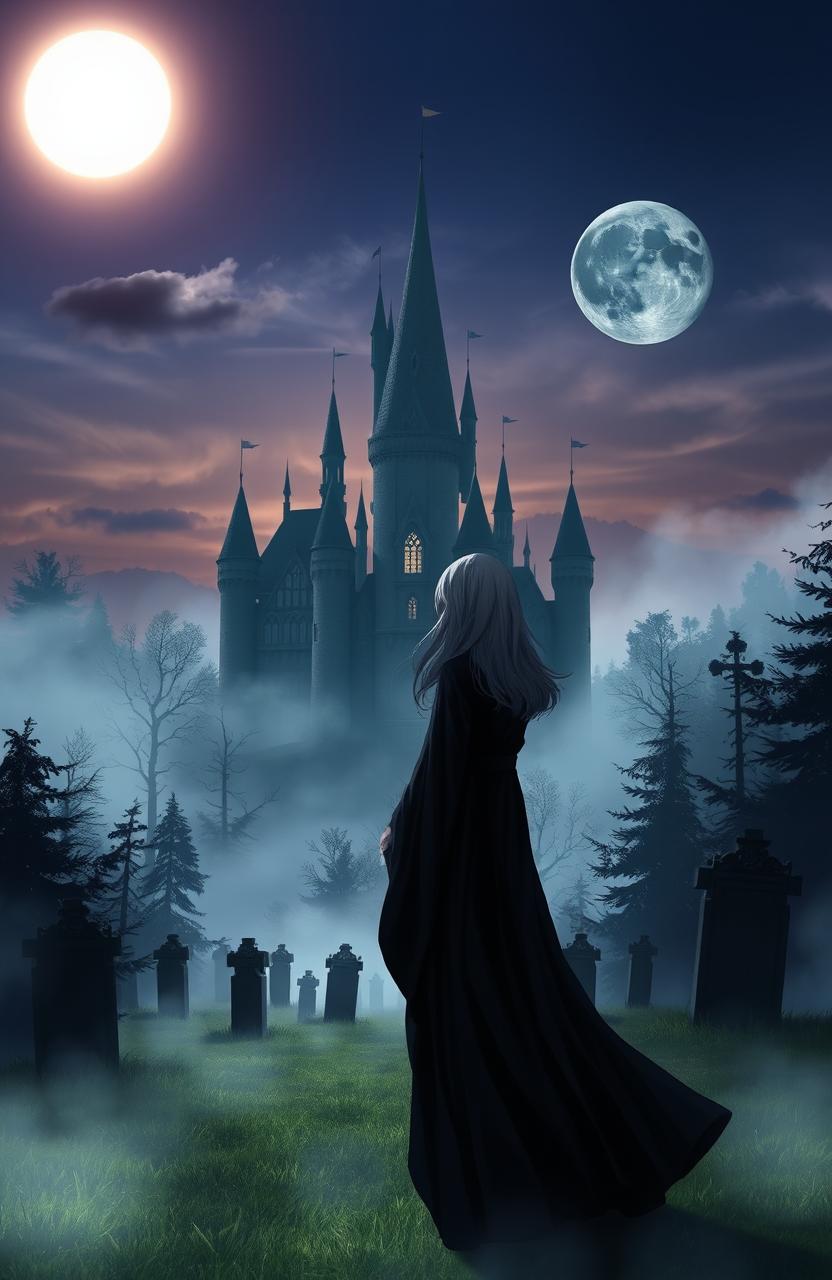 A mysterious castle surrounded by a misty forest and a graveyard, contrasting the sun and the moon in the sky