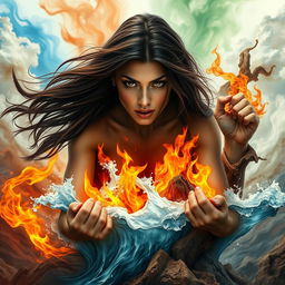 A dramatic book cover showcasing an adult woman with long dark brown hair flowing freely and deep brown eyes that reflect determination and strength