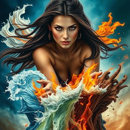 A dramatic book cover showcasing an adult woman with long dark brown hair flowing freely and deep brown eyes that reflect determination and strength