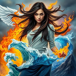 An enchanting book cover featuring an adult woman with long dark brown hair flowing elegantly around her and striking brown eyes that reflect a fervent determination