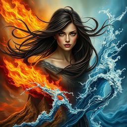 An enchanting book cover featuring an adult woman with long dark brown hair flowing elegantly around her and striking brown eyes that reflect a fervent determination