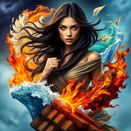 An enchanting book cover featuring an adult woman with long dark brown hair flowing elegantly around her and striking brown eyes that reflect a fervent determination