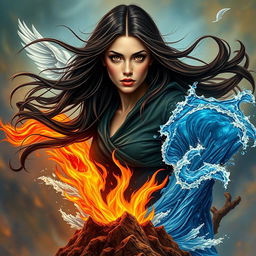 An enchanting book cover featuring an adult woman with long dark brown hair flowing elegantly around her and striking brown eyes that reflect a fervent determination
