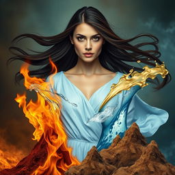 A stunning portrait image of an adult woman with long dark brown hair flowing gracefully around her shoulders and captivating brown eyes