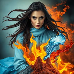 A stunning portrait image of an adult woman with long dark brown hair flowing gracefully around her shoulders and captivating brown eyes