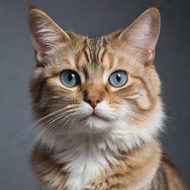 A photorealistic, detailed image of a cat with glossy fur, bright eyes, and an expressive face.