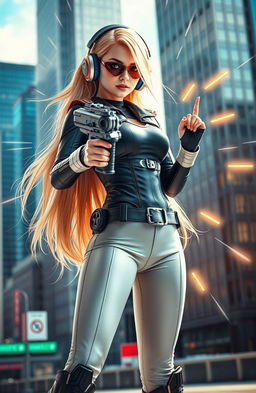 A stunning blonde girl embodying a superhero vibe reminiscent of Marvel characters, confidently wielding a futuristic gun