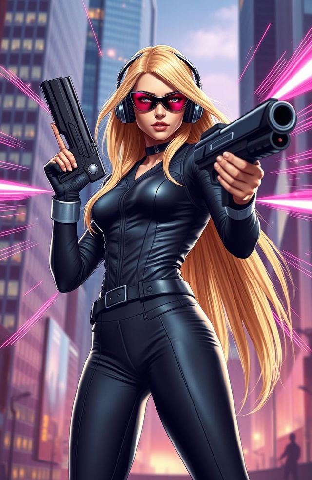 A stunning blonde girl embodying a superhero vibe reminiscent of Marvel characters, confidently wielding a futuristic gun