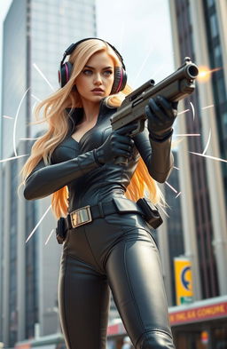 A stunning blonde girl embodying a superhero vibe reminiscent of Marvel characters, confidently wielding a futuristic gun