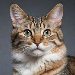 A photorealistic, detailed image of a cat with glossy fur, bright eyes, and an expressive face.