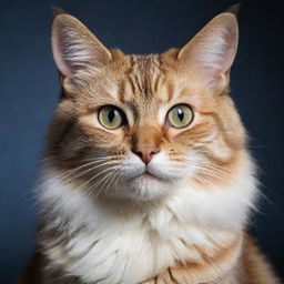 A photorealistic, detailed image of a cat with glossy fur, bright eyes, and an expressive face.