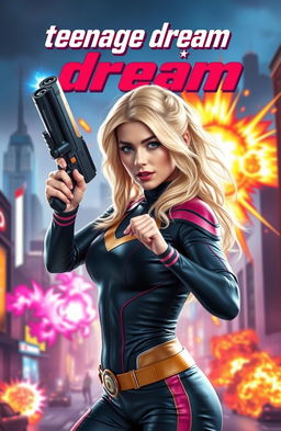 A young blonde woman in her 20s with a striking superhero look, inspired by the Marvel universe, showcasing an energetic pose