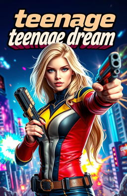 A young blonde woman in her 20s with a striking superhero look, inspired by the Marvel universe, showcasing an energetic pose