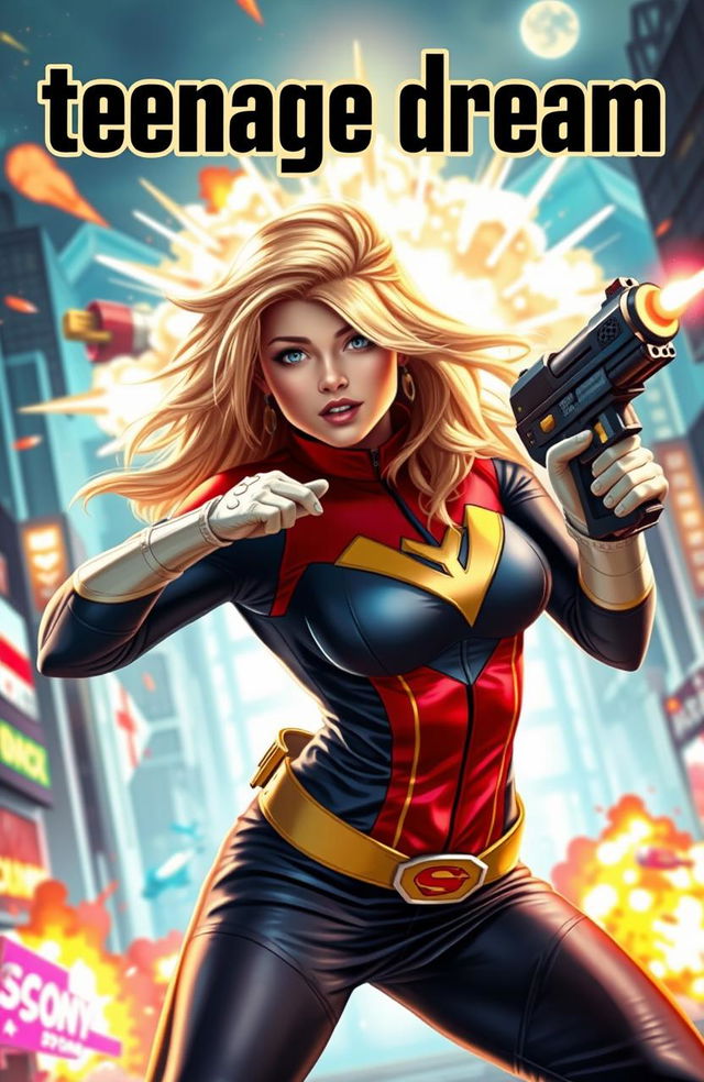 A young blonde woman in her 20s with a striking superhero look, inspired by the Marvel universe, showcasing an energetic pose