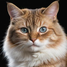 A photorealistic, detailed image of a cat with glossy fur, bright eyes, and an expressive face.