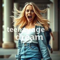 A realistic young blonde woman in her 20s, dressed in casual yet stylish everyday clothing, demonstrating her sonic scream ability