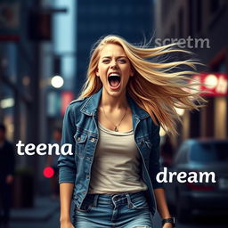 A realistic young blonde woman in her 20s, dressed in casual yet stylish everyday clothing, demonstrating her sonic scream ability